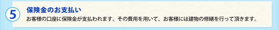 （5）保険金のお支払いお客様の口座に保険金が支払われます。その費用を用いて、お客様には建物の修繕を行って頂きます。