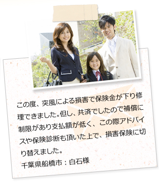 この度、突風による損害で保険金が下り修理できました。但し、共済でしたので補償に制限があり支払額が低く、この際アドバイスや保険診断も頂いた上で、損害保険に切り替えました。千葉県船橋市：白石様